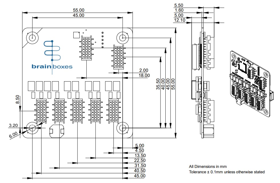 Mechanical Drawing - Brainboxes PE-515 1G 5-Port Industrial Ethernet Switch